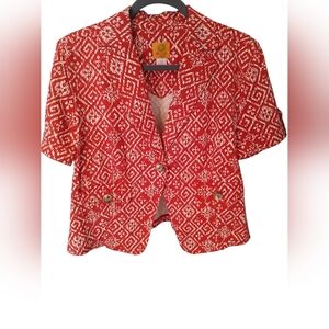 Ruby Rd. short sleeve red and white geo print blazer jacket Size 12P
